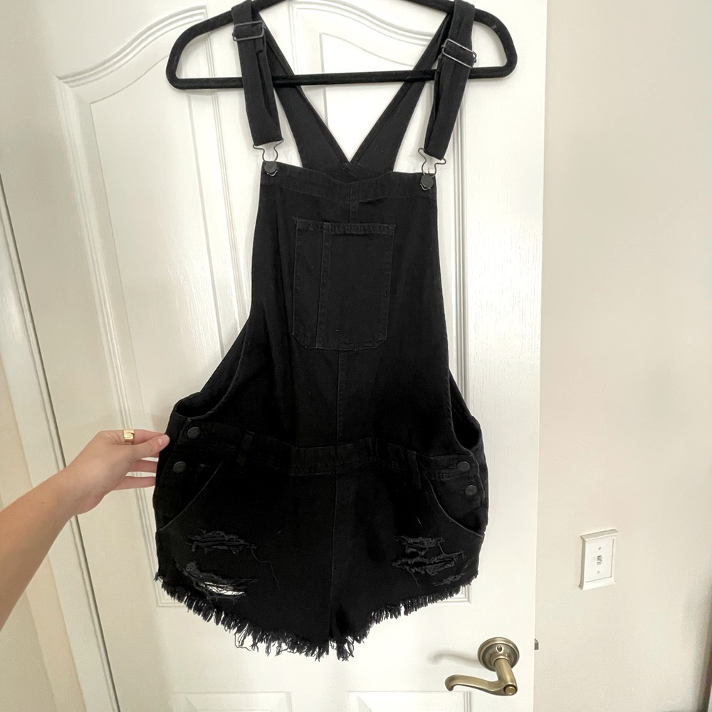 Black denim short overalls